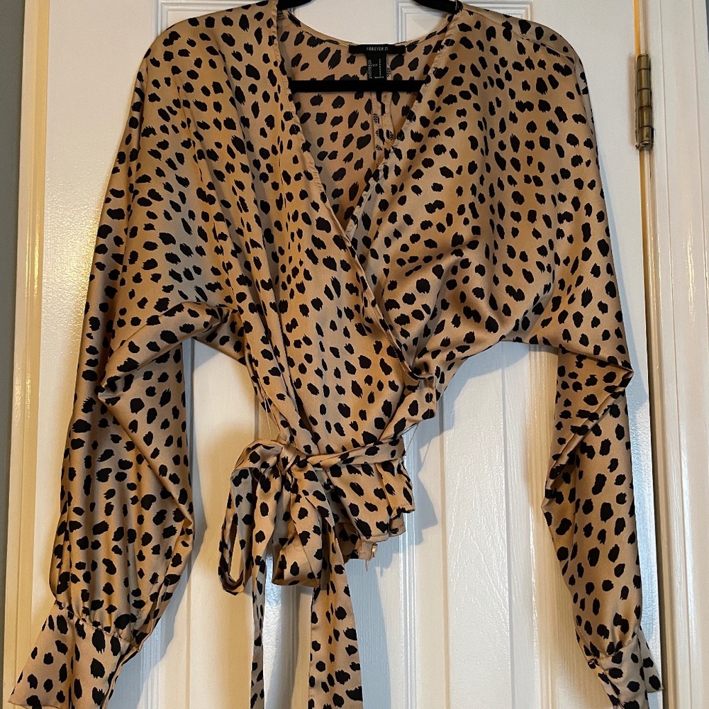 Forever 21 Satin Cheetah Print Wrap Top
